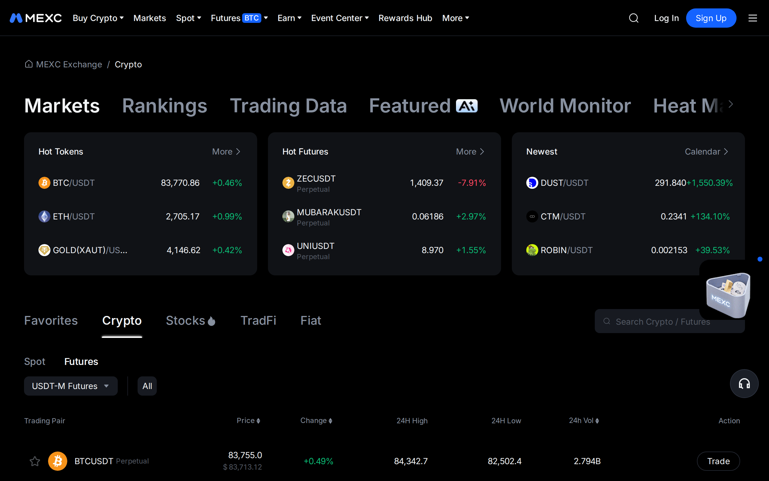 MEXC's live Markets page showing hot tokens, hot futures and newest listings with BTC, ETH and gold-pegged token prices