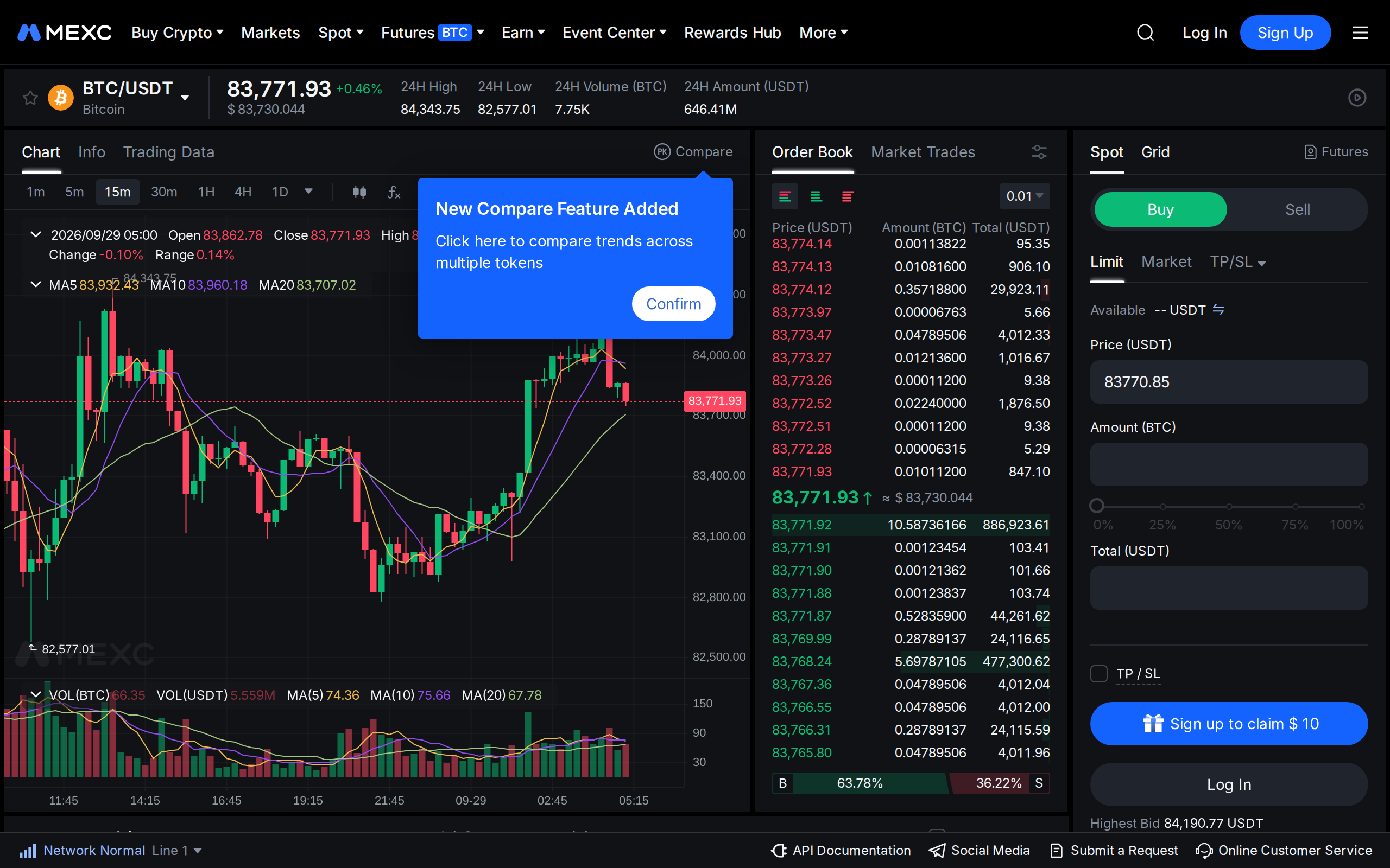 MEXC's BTC/USDT trading interface with order book, price chart and order entry panel