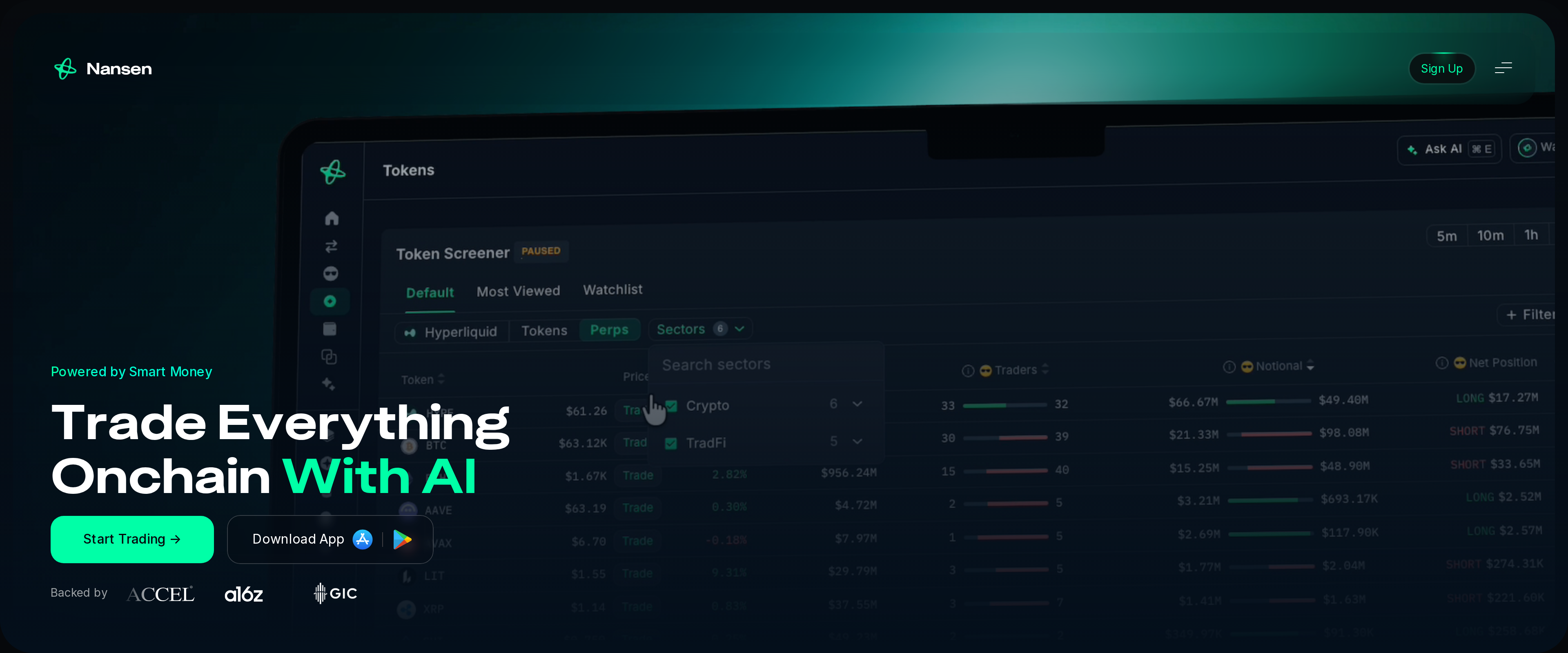 Nansen homepage headline reading Trade Everything Onchain With AI over a dark dashboard background