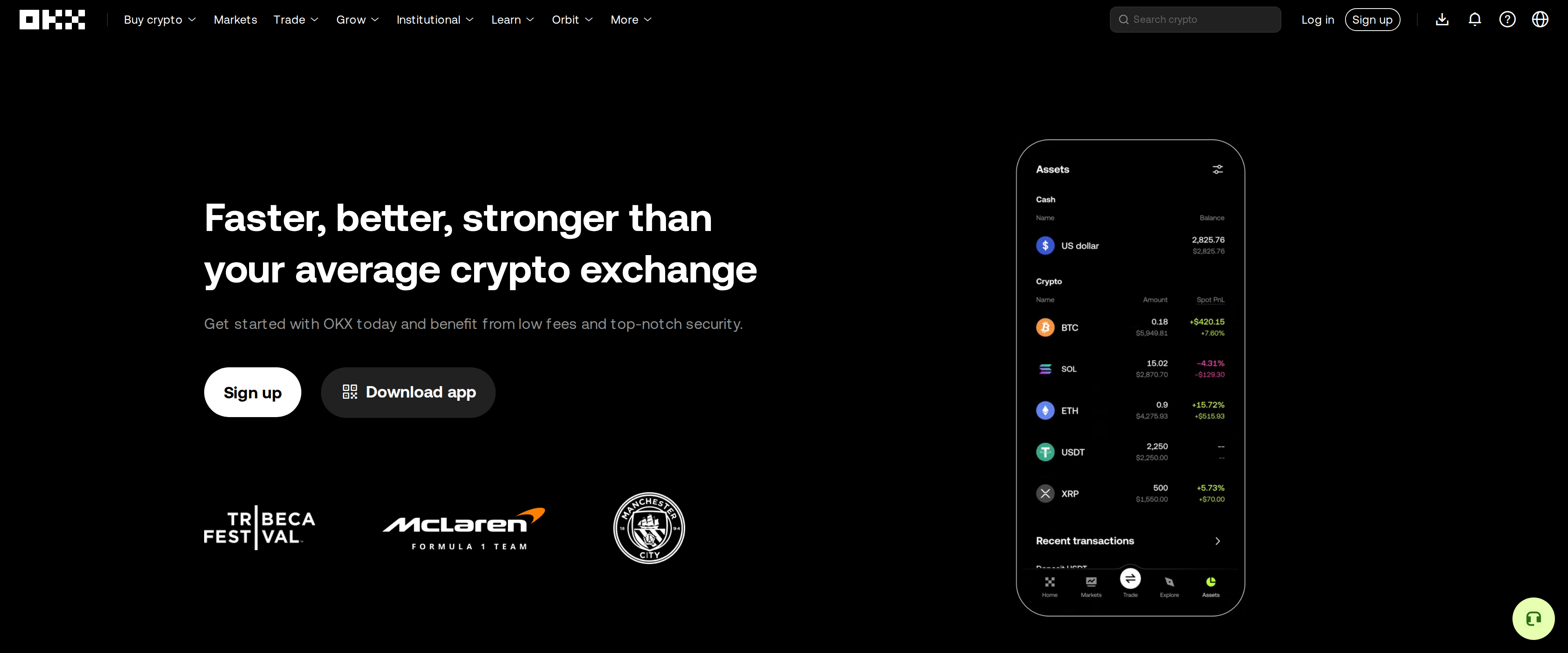 OKX homepage headline reading Faster, better, stronger than your average crypto exchange, with a subheading about low fees and top-notch security
