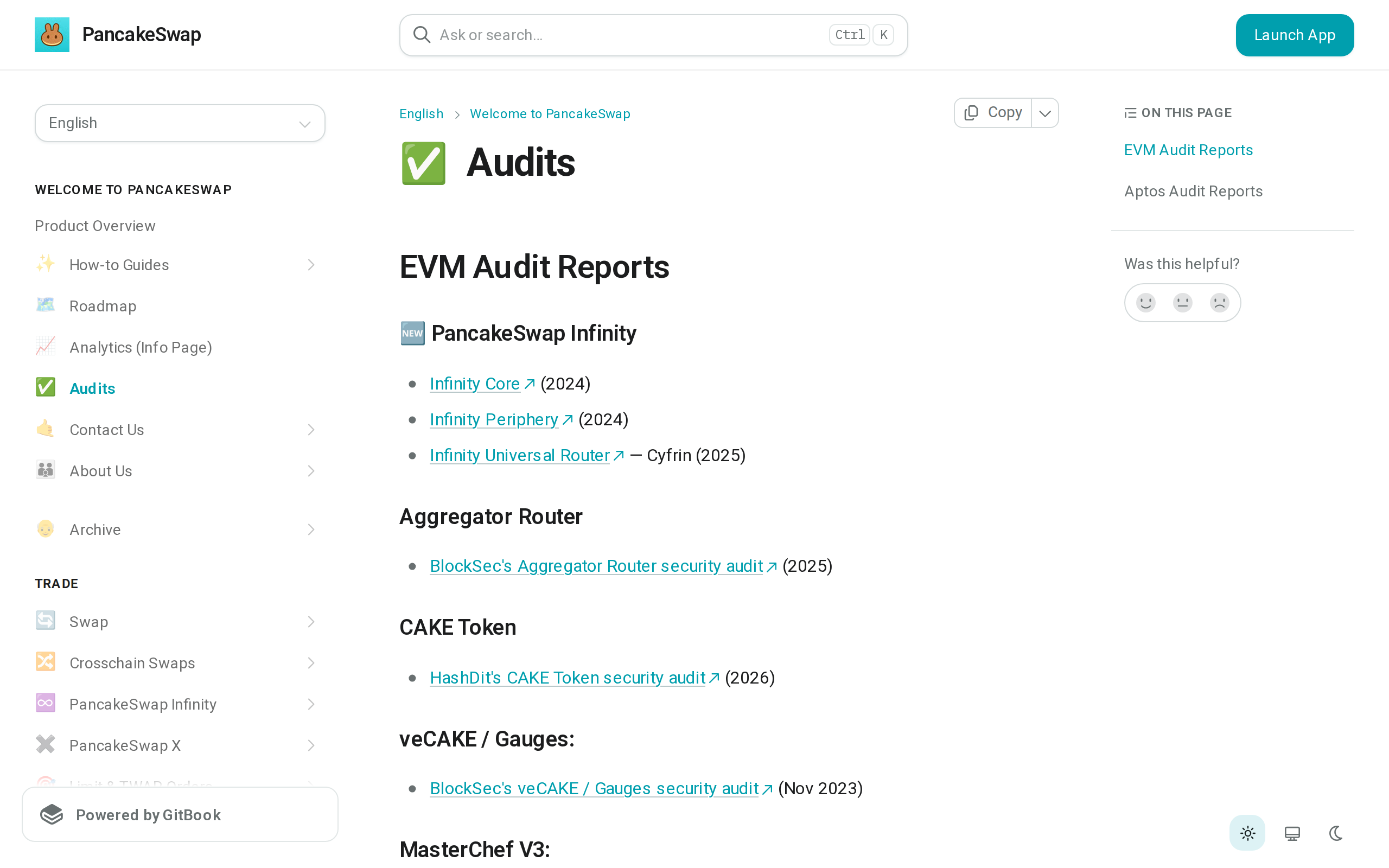 PancakeSwap documentation Audits page listing EVM Audit Reports