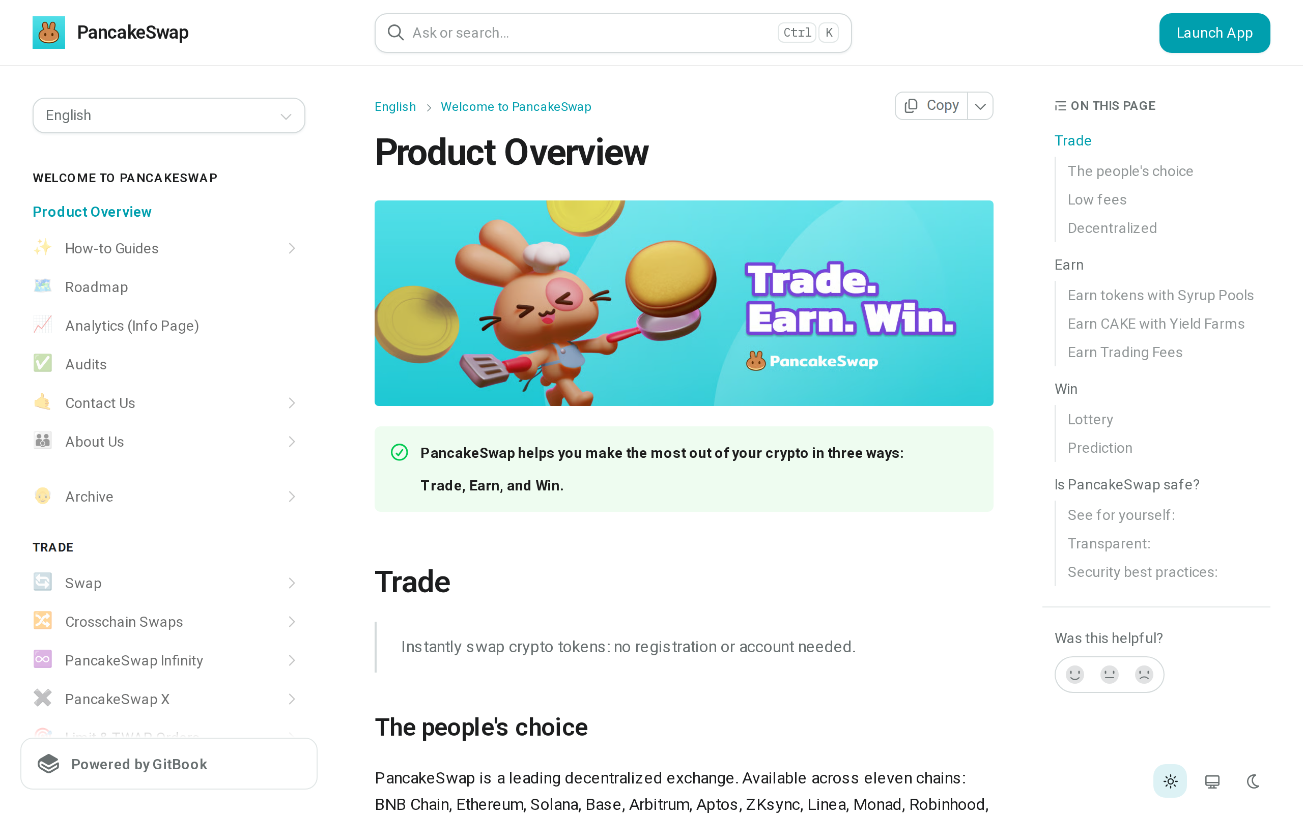 PancakeSwap documentation Product Overview page reading The people's choice, with a note about earning tokens through Syrup Pools