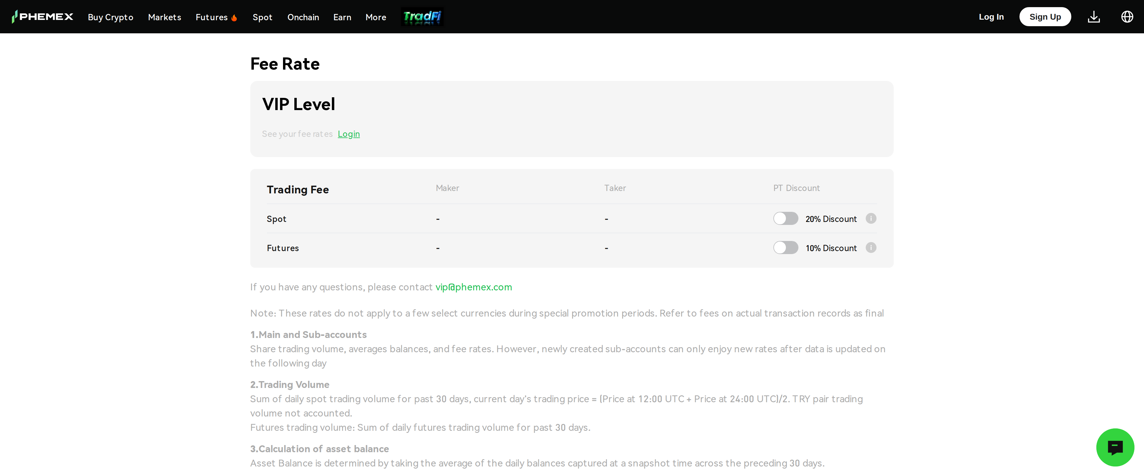 Phemex fee schedule page listing maker, taker and VIP discount columns for spot and futures