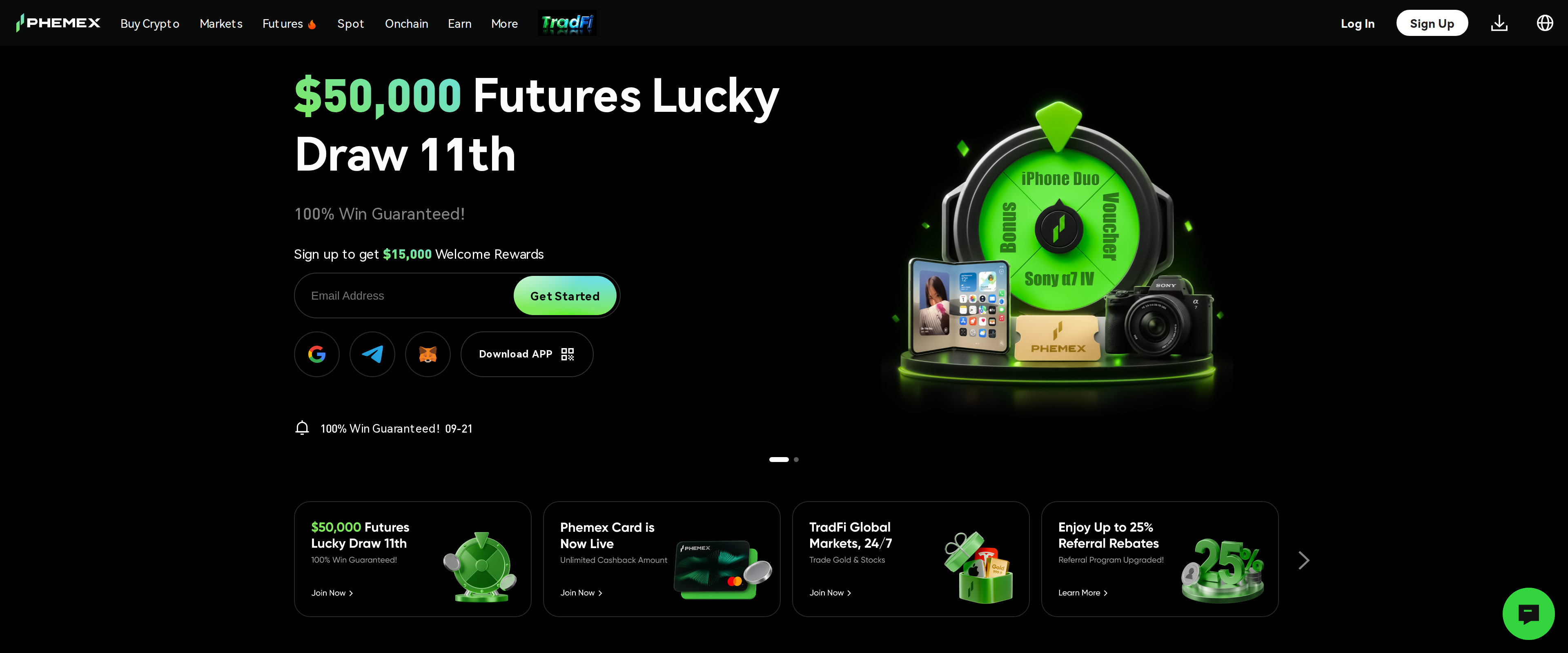 Phemex homepage in dark mode showing a $50,000 Futures Lucky Draw promotion and a crypto card banner