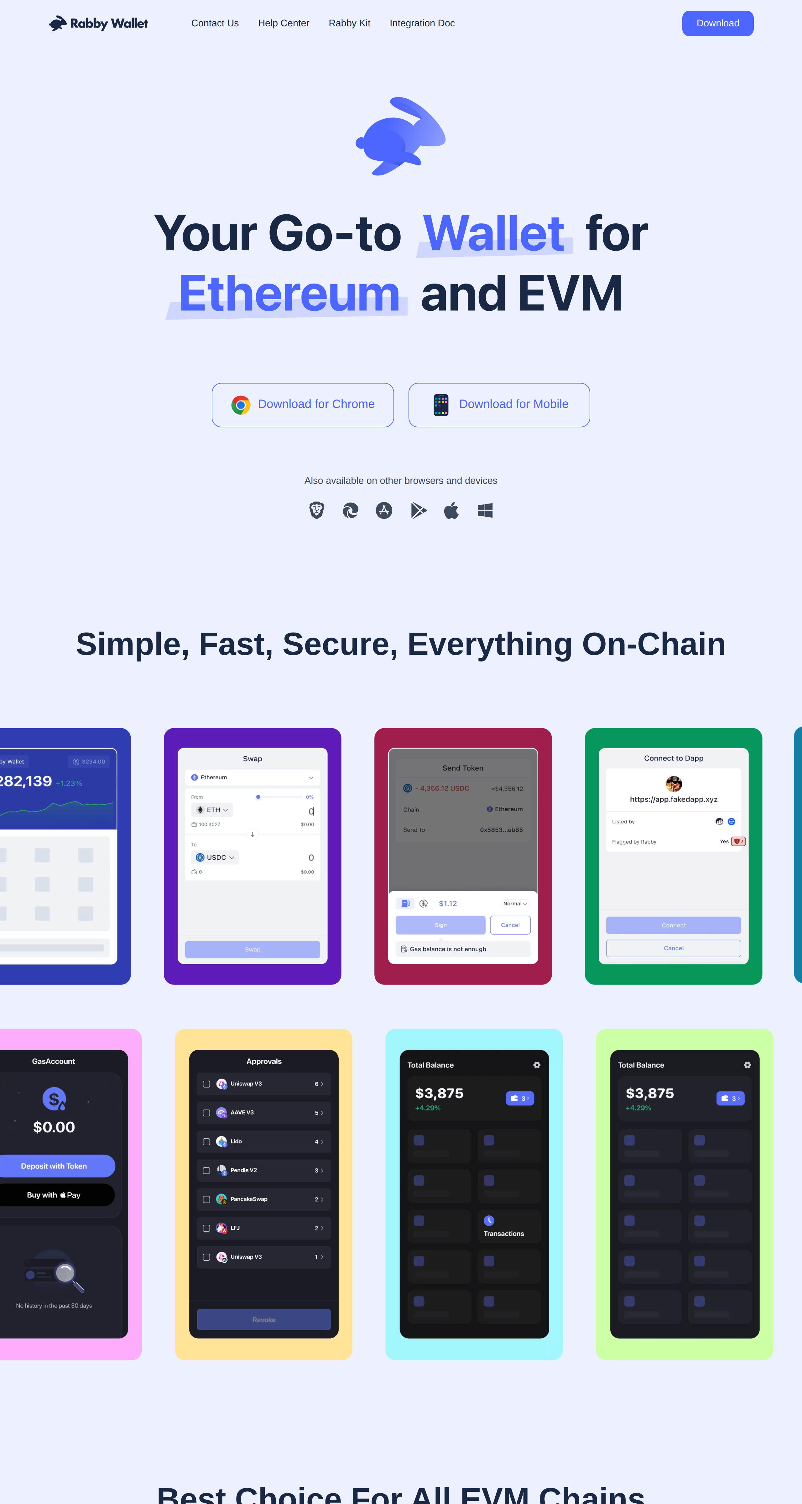 Rabby Wallet's swap, send token and connect-to-dapp screens, with a flagged-dapp warning reading Flagged by Rabby Yes