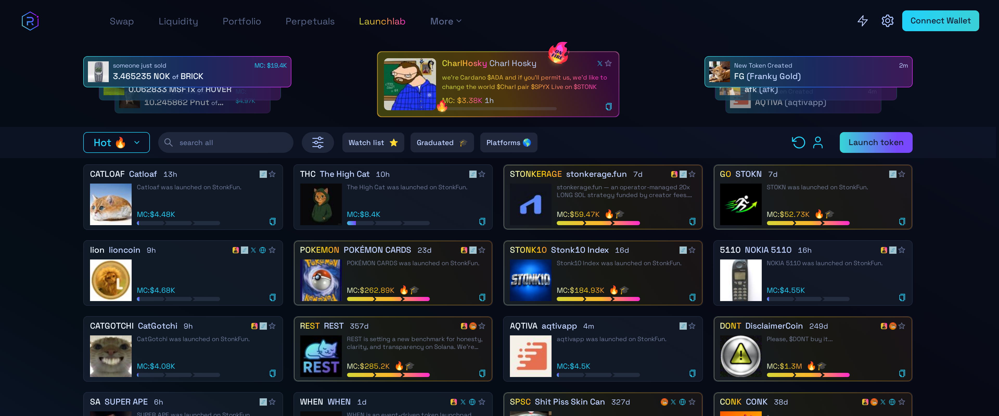 Raydium LaunchLab page showing newly launched tokens including one called The High Cat and pairs on StonkFun