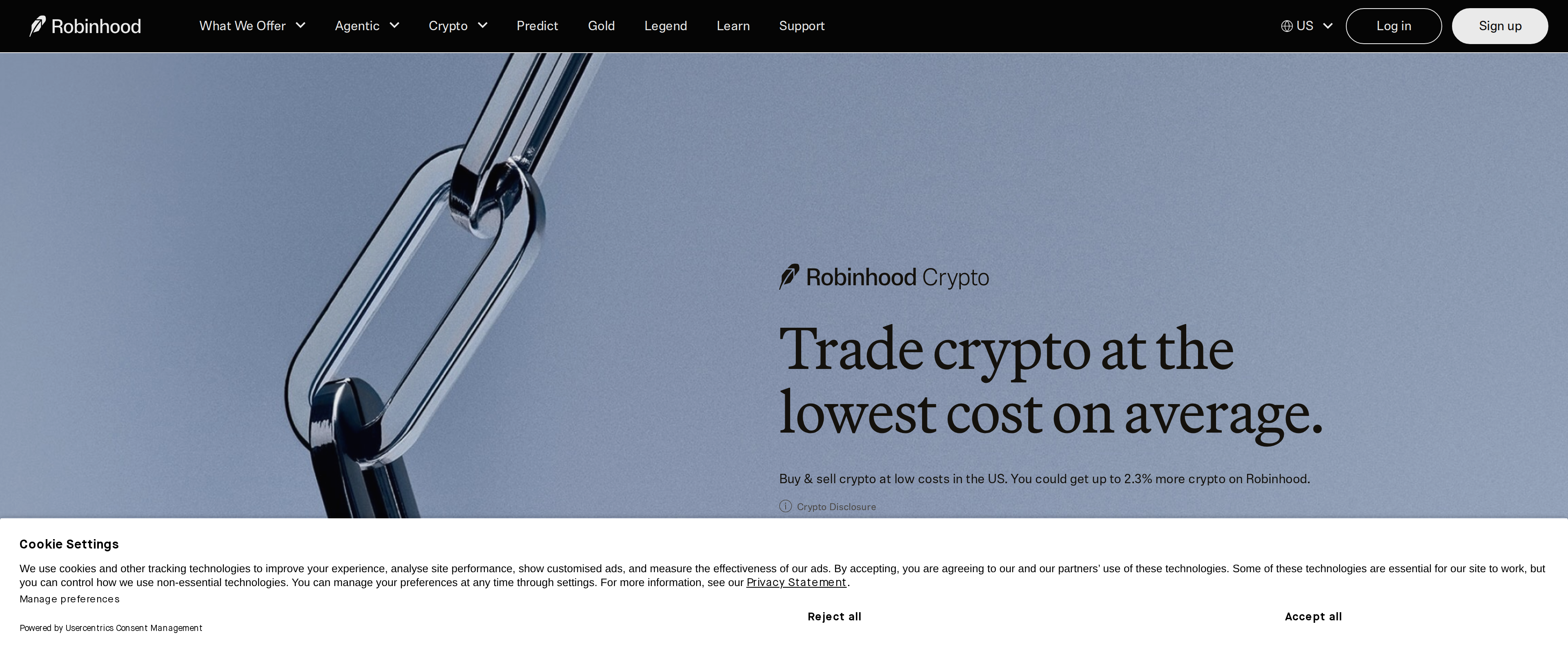 Robinhood Crypto page with the headline Trade crypto at the lowest cost on average