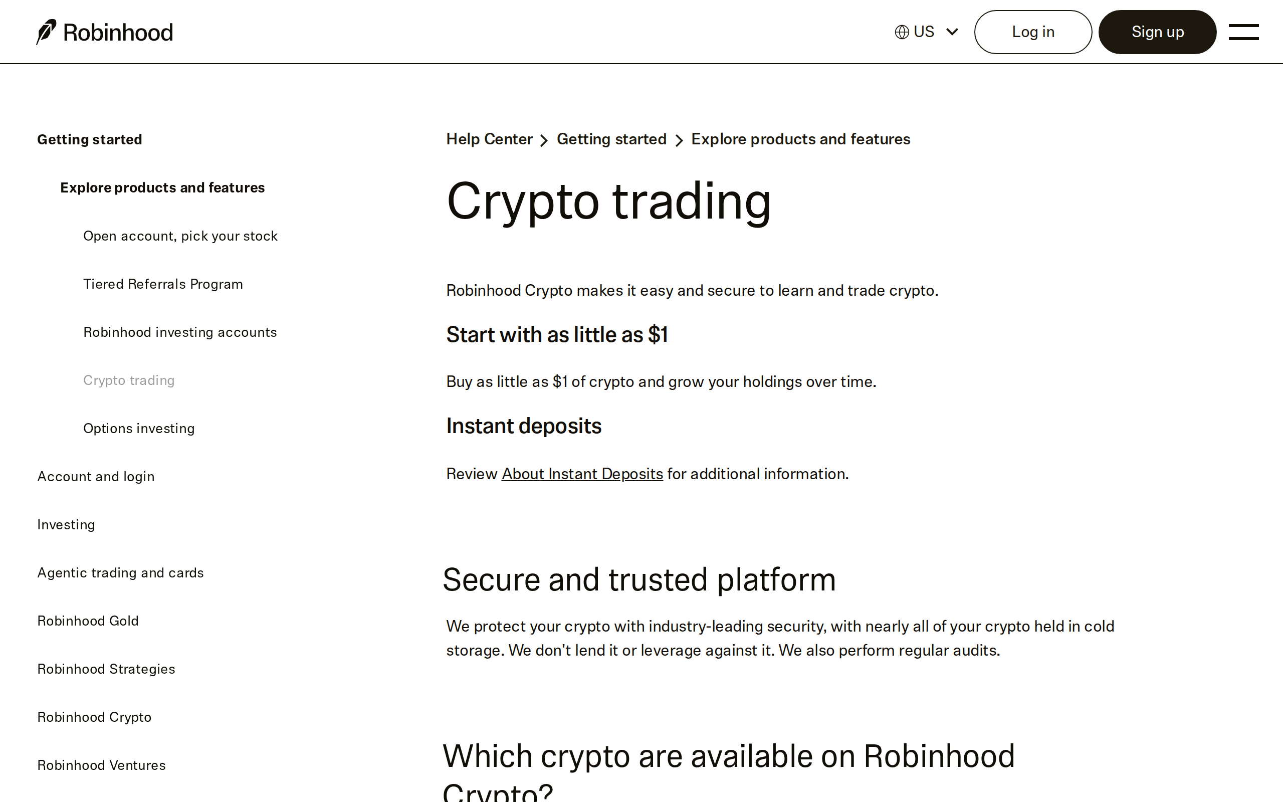 Robinhood support article covering general crypto trading, noting a $1 minimum trade and describing the platform as secure and trusted
