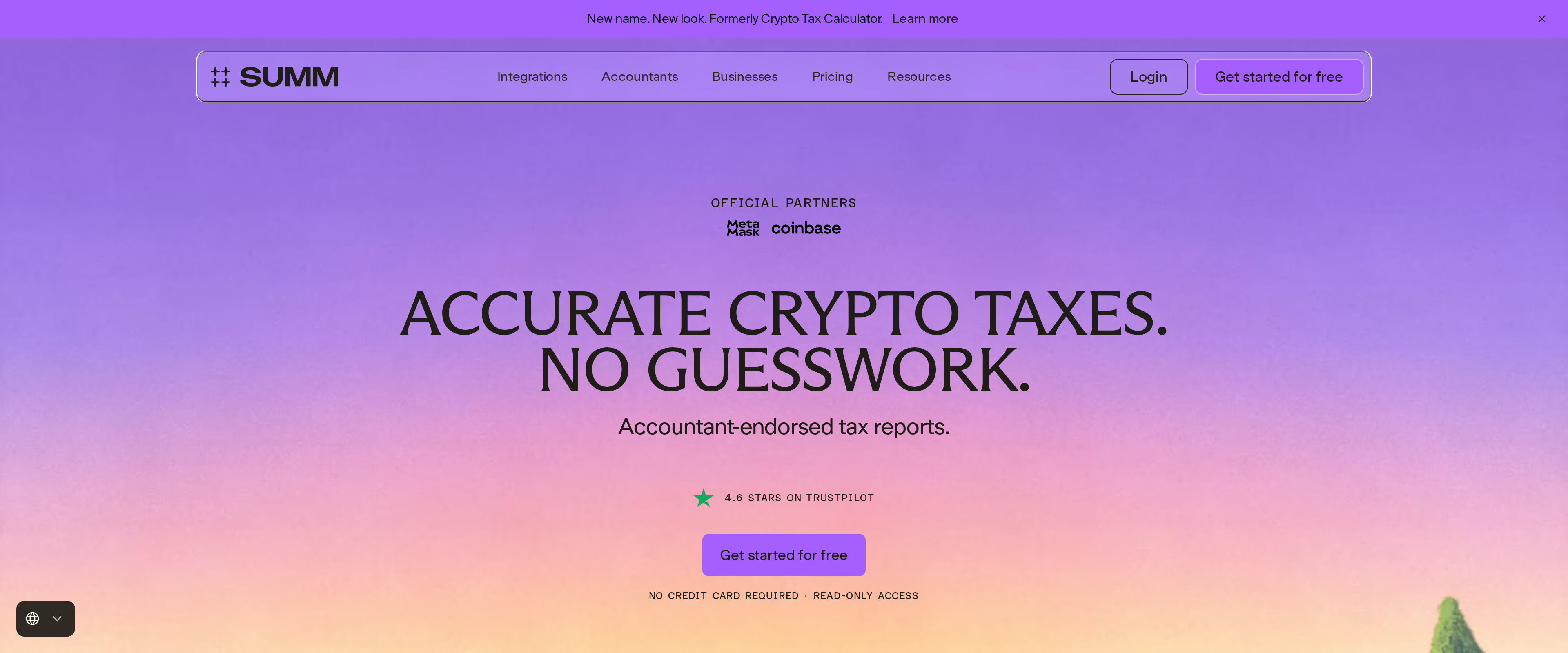 Summ homepage with the headline Accurate crypto taxes, no guesswork and a description of accountant-endorsed tax reports