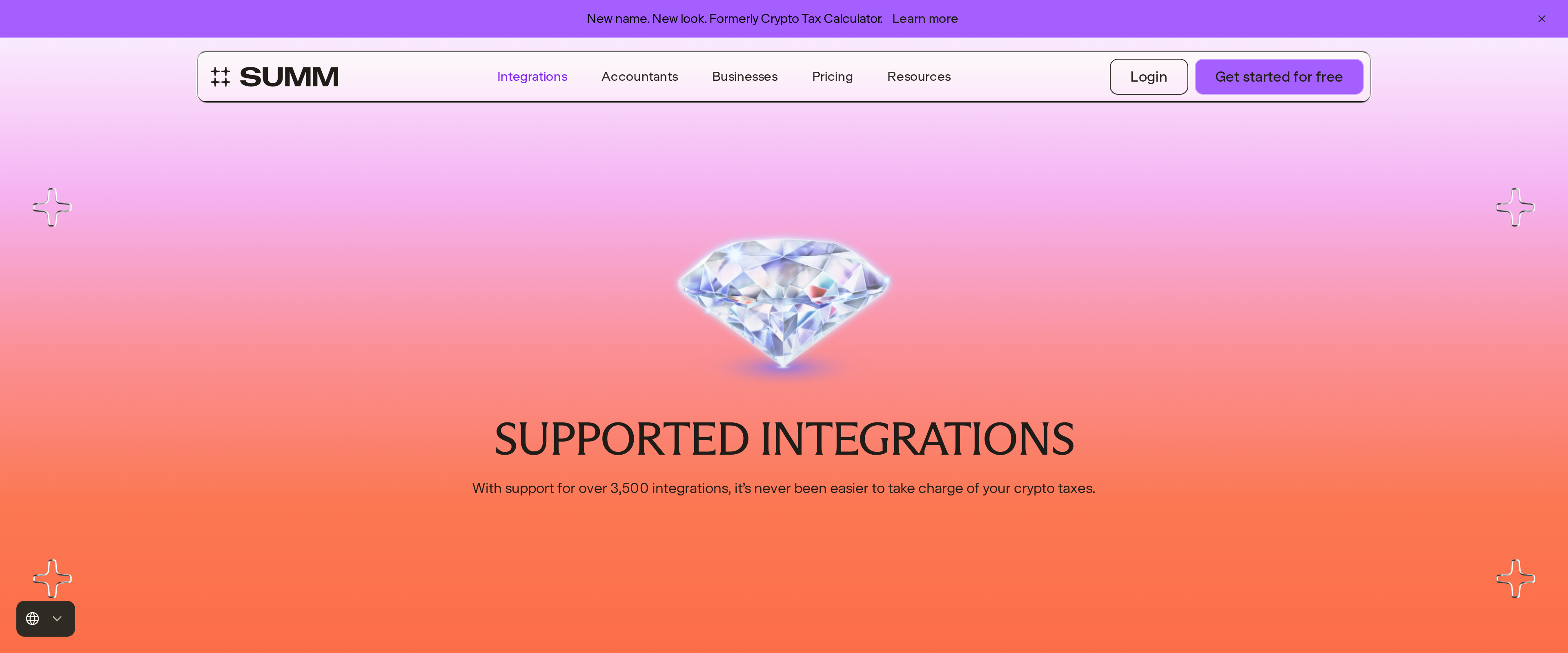 Summ integrations page stating support for over 3,500 integrations across exchanges, wallets and chains