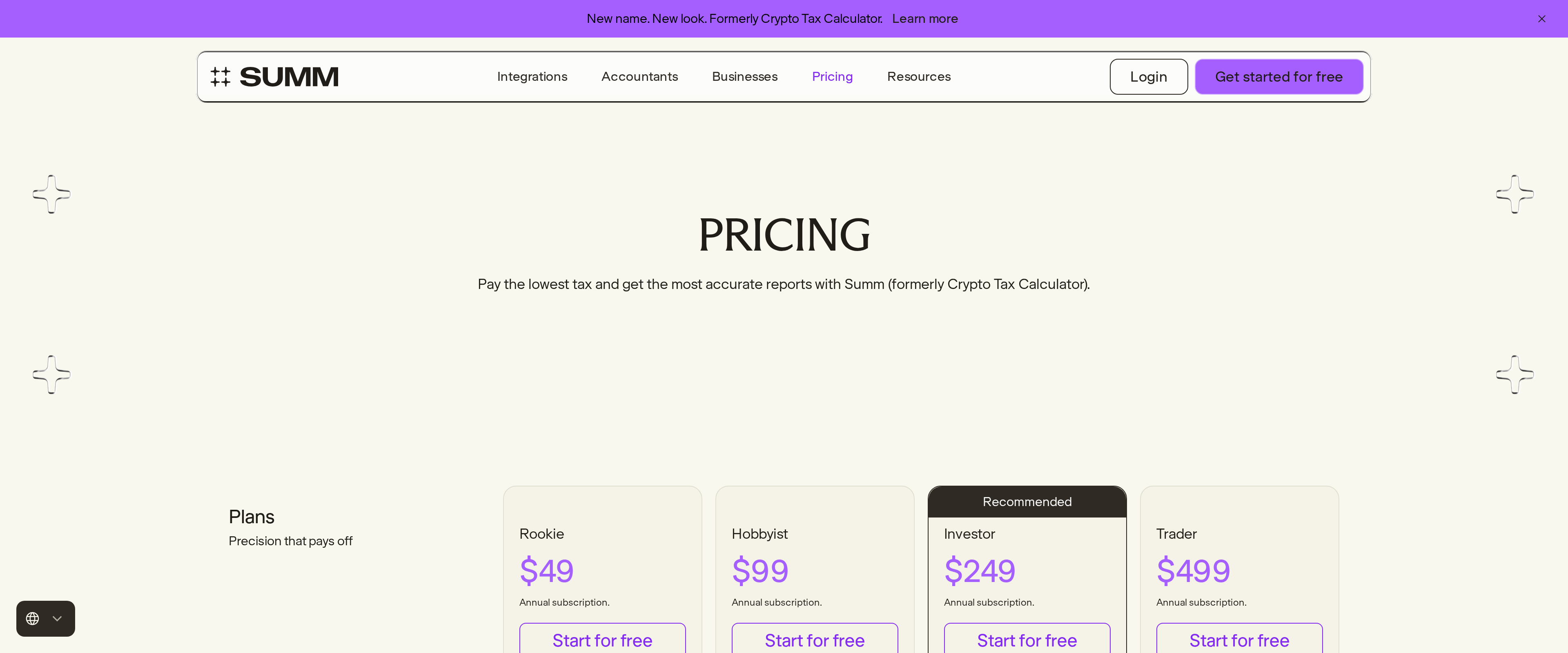Summ pricing page showing three tiers priced at $49, $99 and $249 per tax year