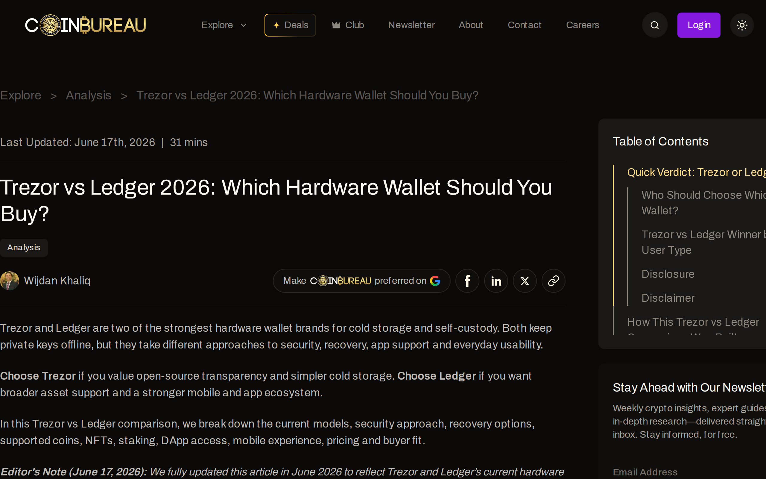 Coin Bureau's Trezor vs Ledger comparison article, discussing security, recovery, coin support and price