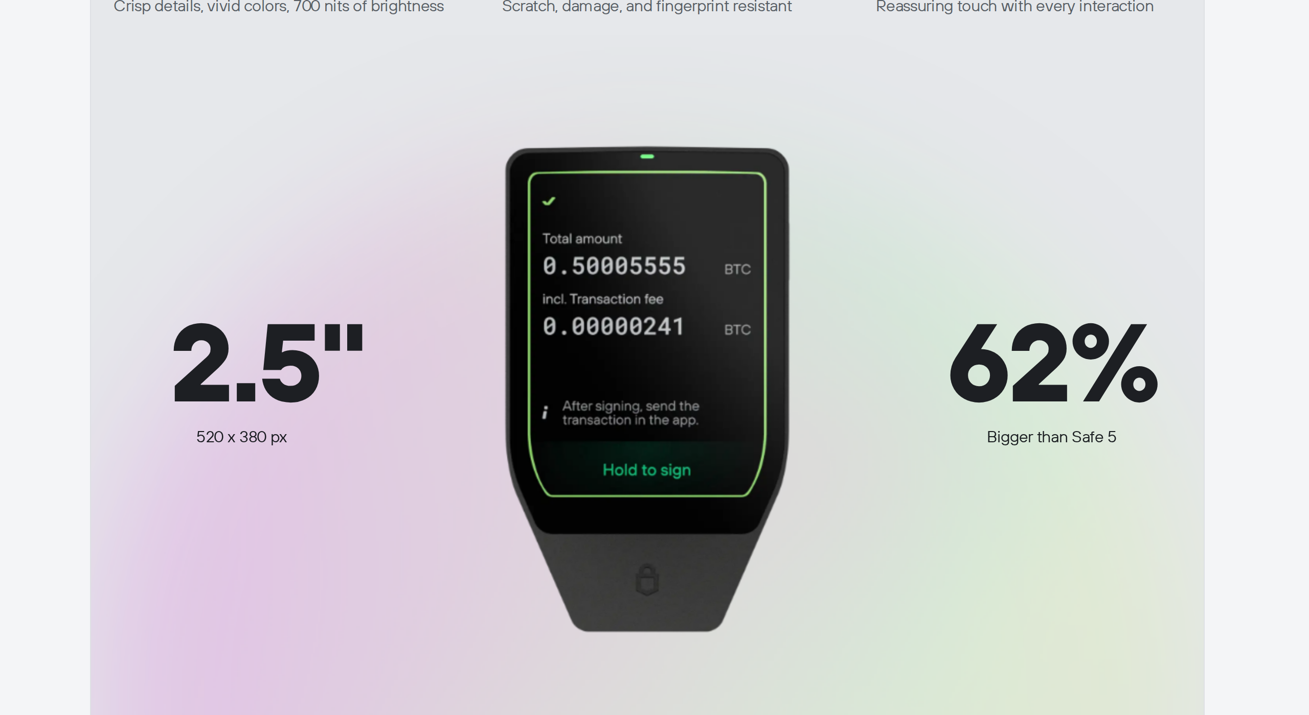 Trezor Safe 7 device screen showing a Bitcoin transaction confirmation of 0.50005555 BTC with a Hold to sign button, next to stats reading 2.5 inch, 520 by 380 pixels, and 62 percent bigger than Safe 5