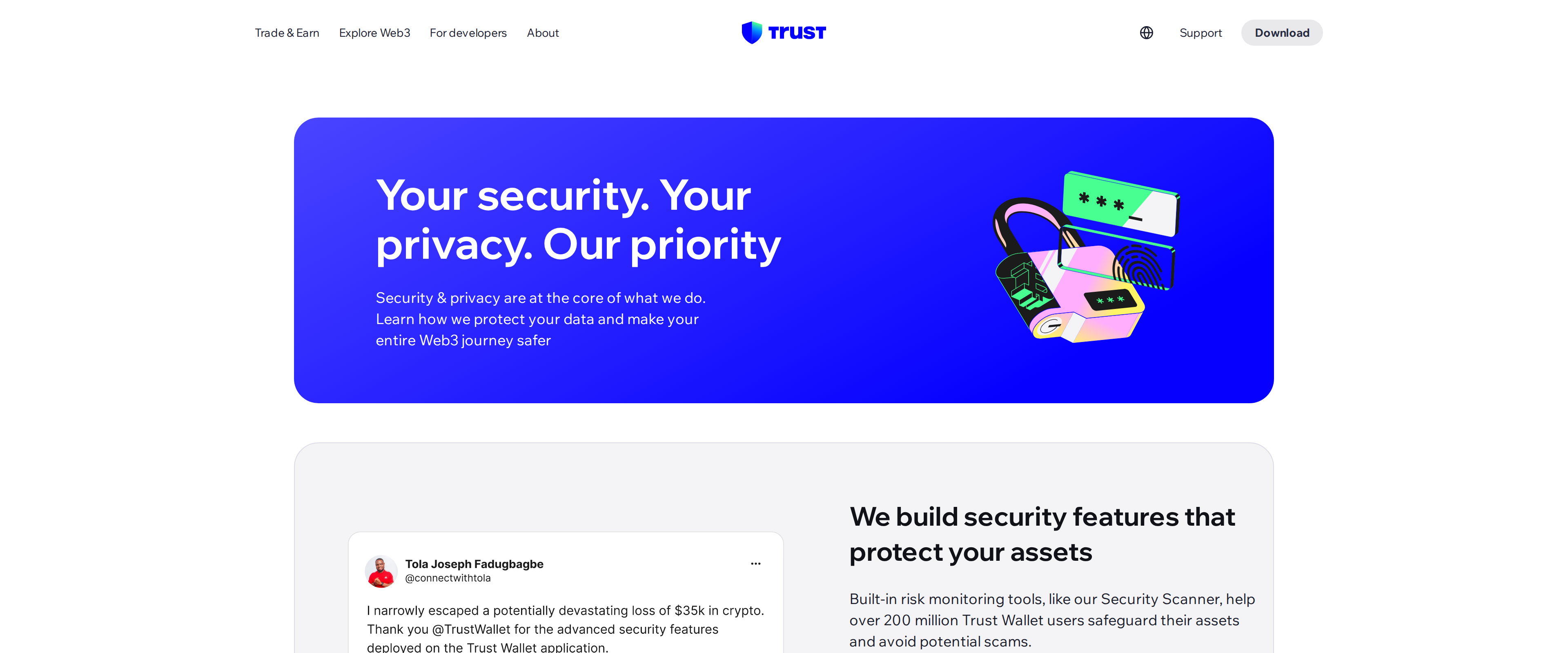 Trust Wallet's security page headlined Your security, your privacy, our priority, describing the Security Scanner protecting over 200 million users