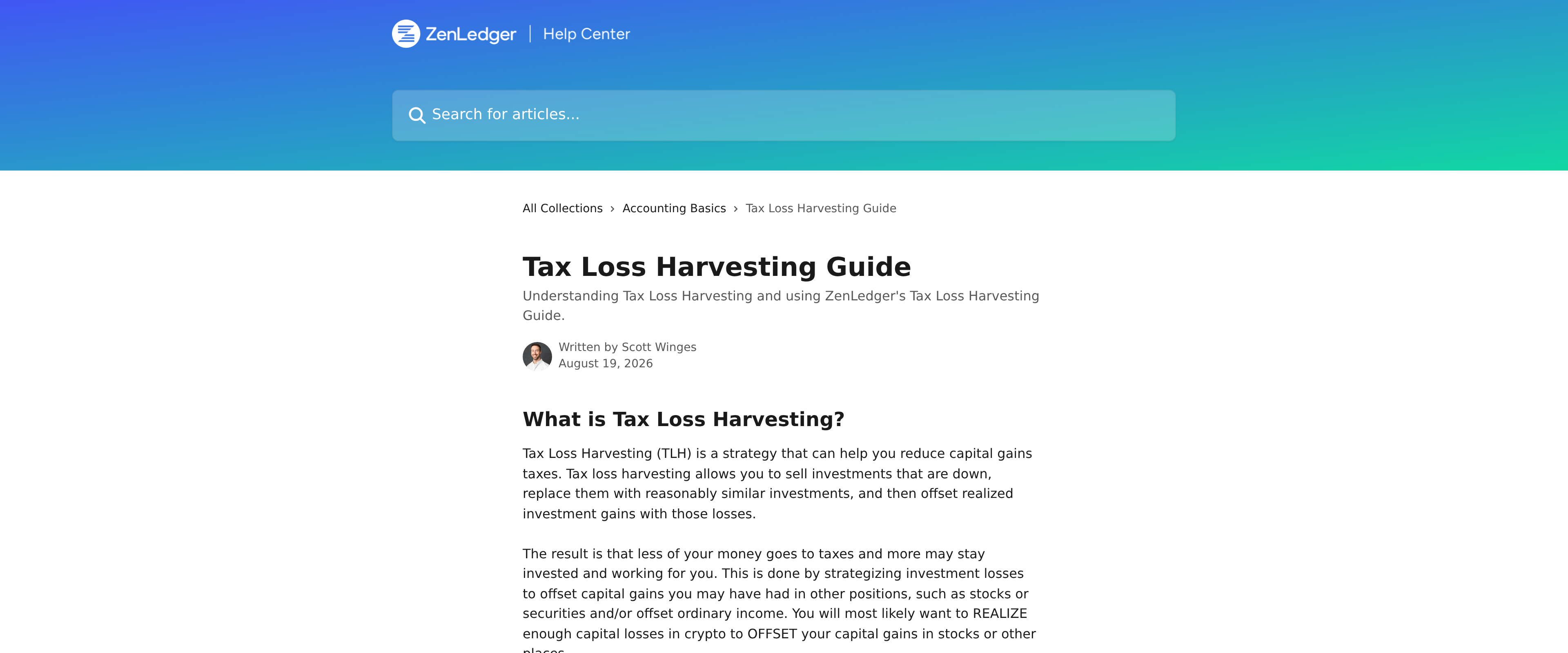 ZenLedger Tax Loss Harvesting Guide explaining the strategy of selling losing positions to offset gains