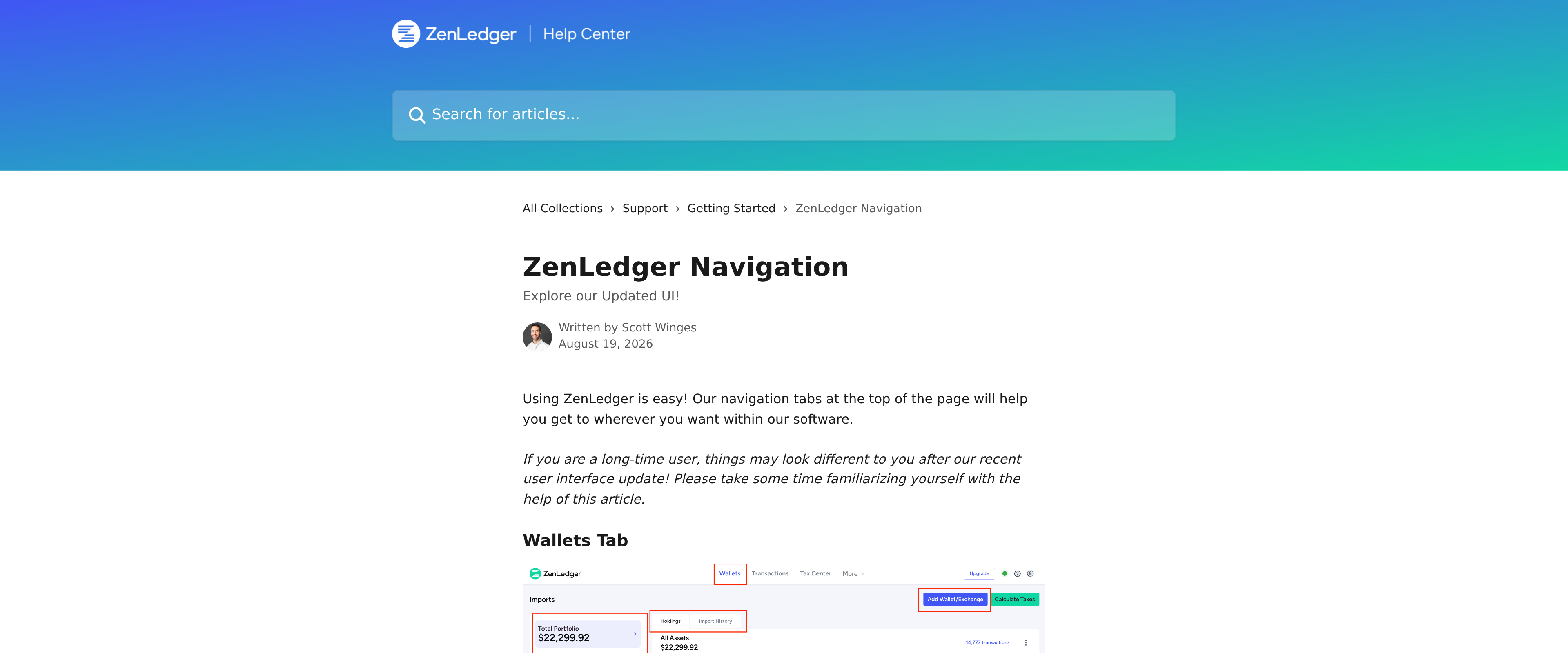 ZenLedger dashboard Wallets tab showing a total portfolio of $22,299.92 across 14,777 imported transactions