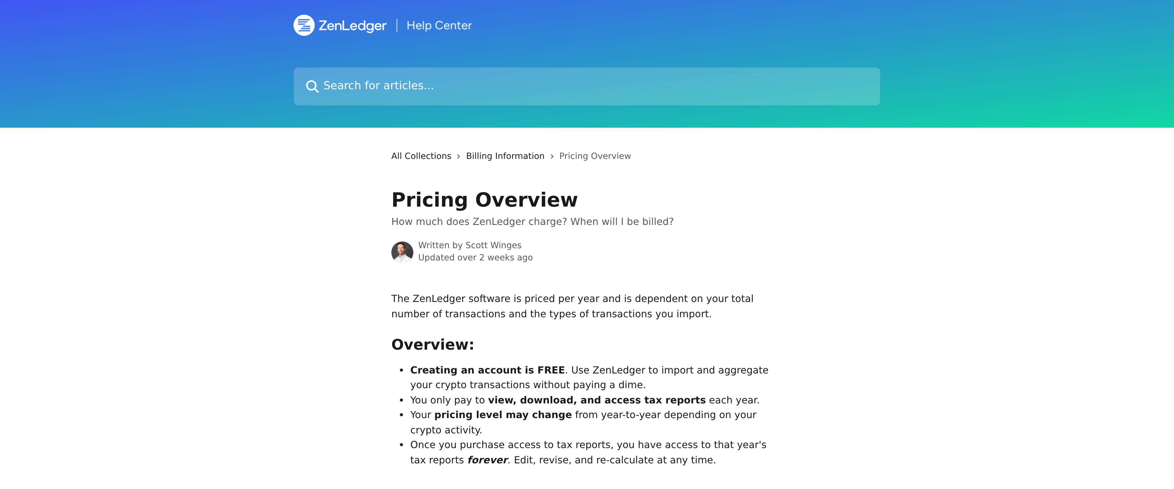 ZenLedger Help Center Pricing Overview page explaining that access to tax reports is billed per year