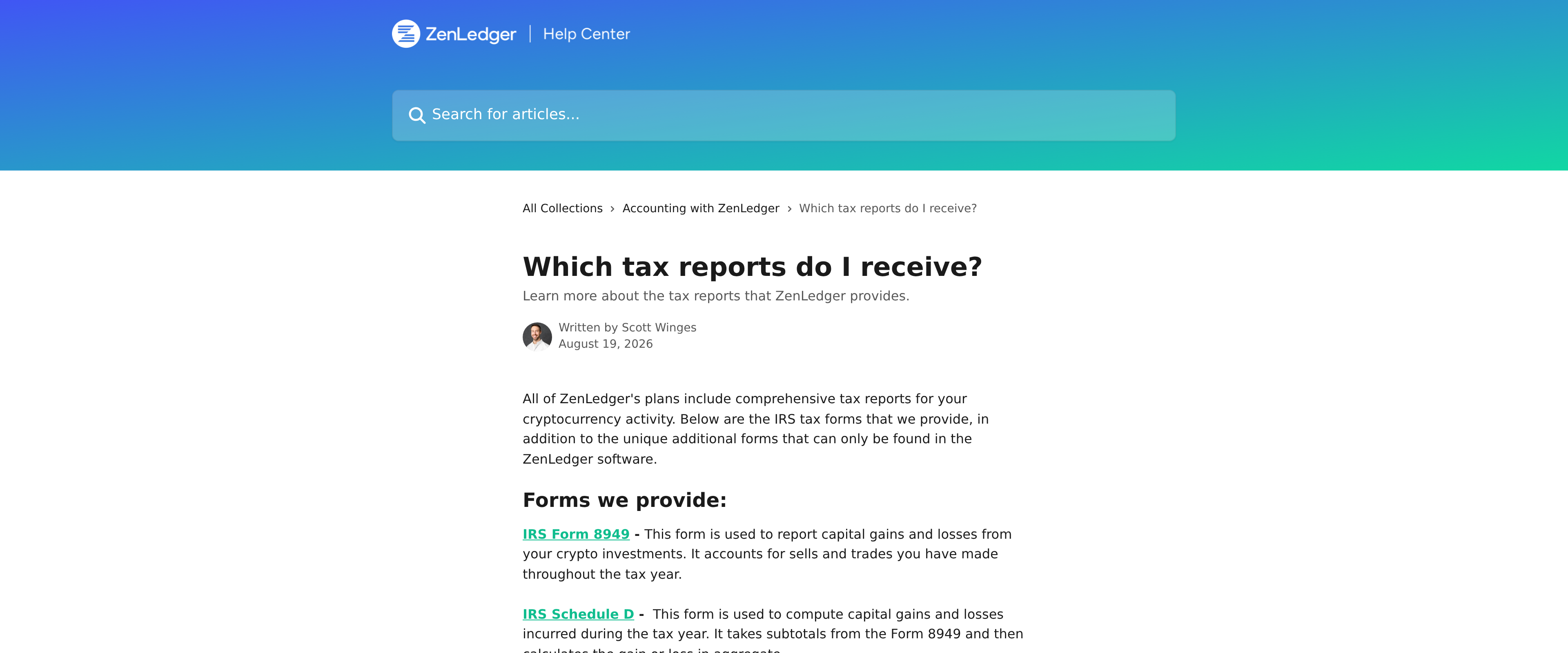 ZenLedger Help Center article listing which IRS tax forms are included on every plan